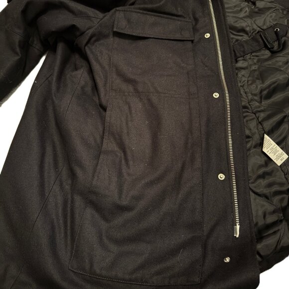 Theory Cashmere Wool Blend Large Black Hood Fur Zip Front Coat Jacket EUC - Picture 10 of 14